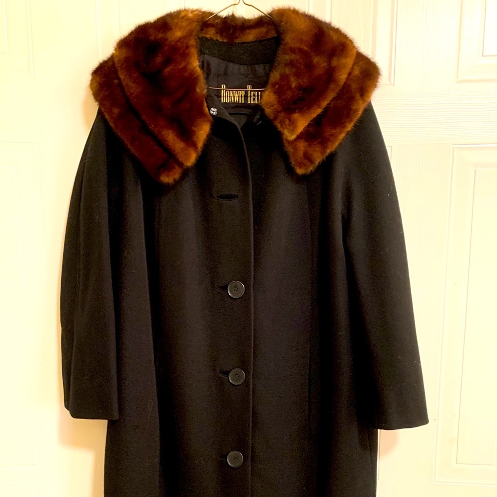 Vintage Bonwit Teller full length tweed coat with fur collar